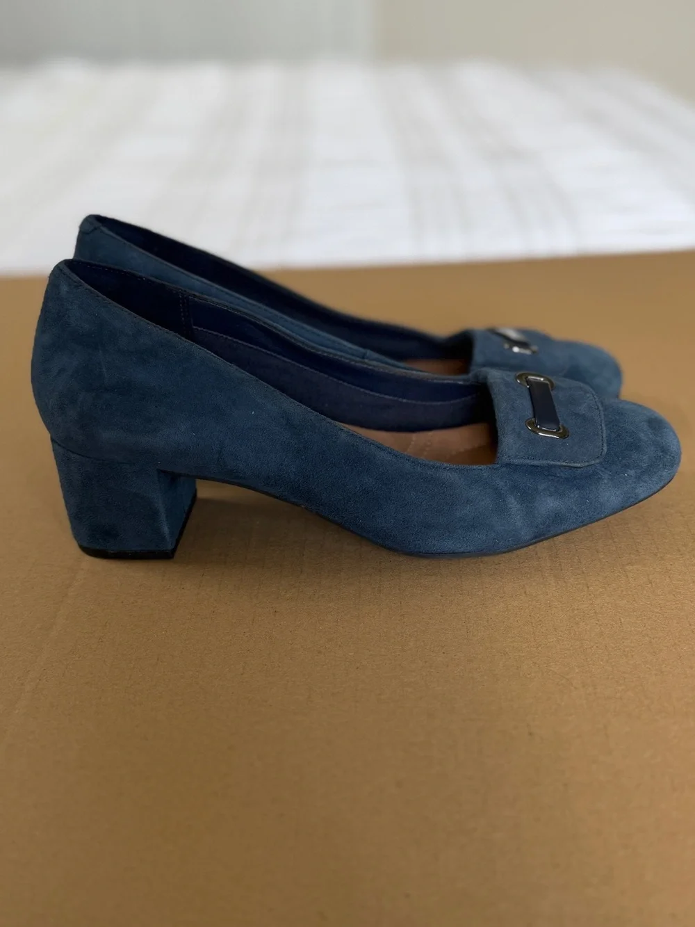 Clarks Navy Suede Low Block Heel Pumps with Buckle Accent